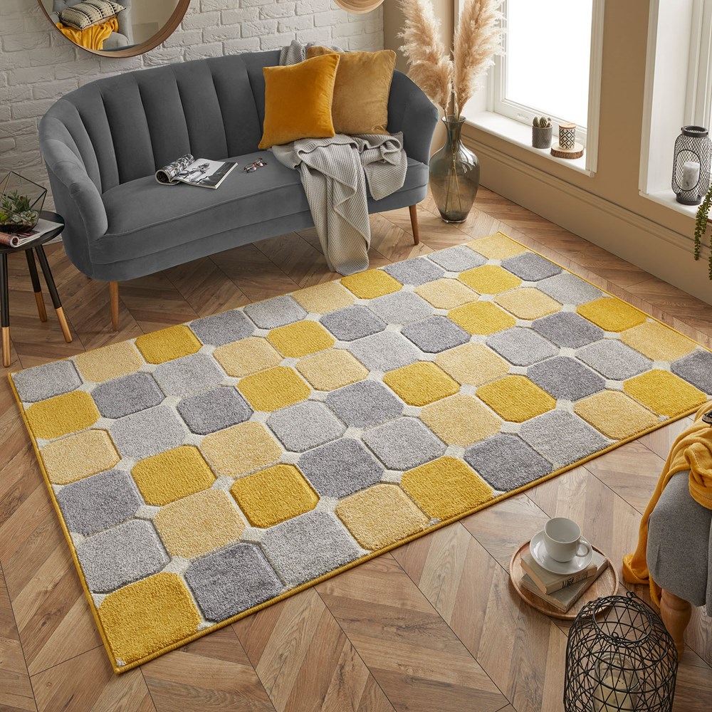 Portland 172 J Geometric Block Rugs in Yellow Grey Cream